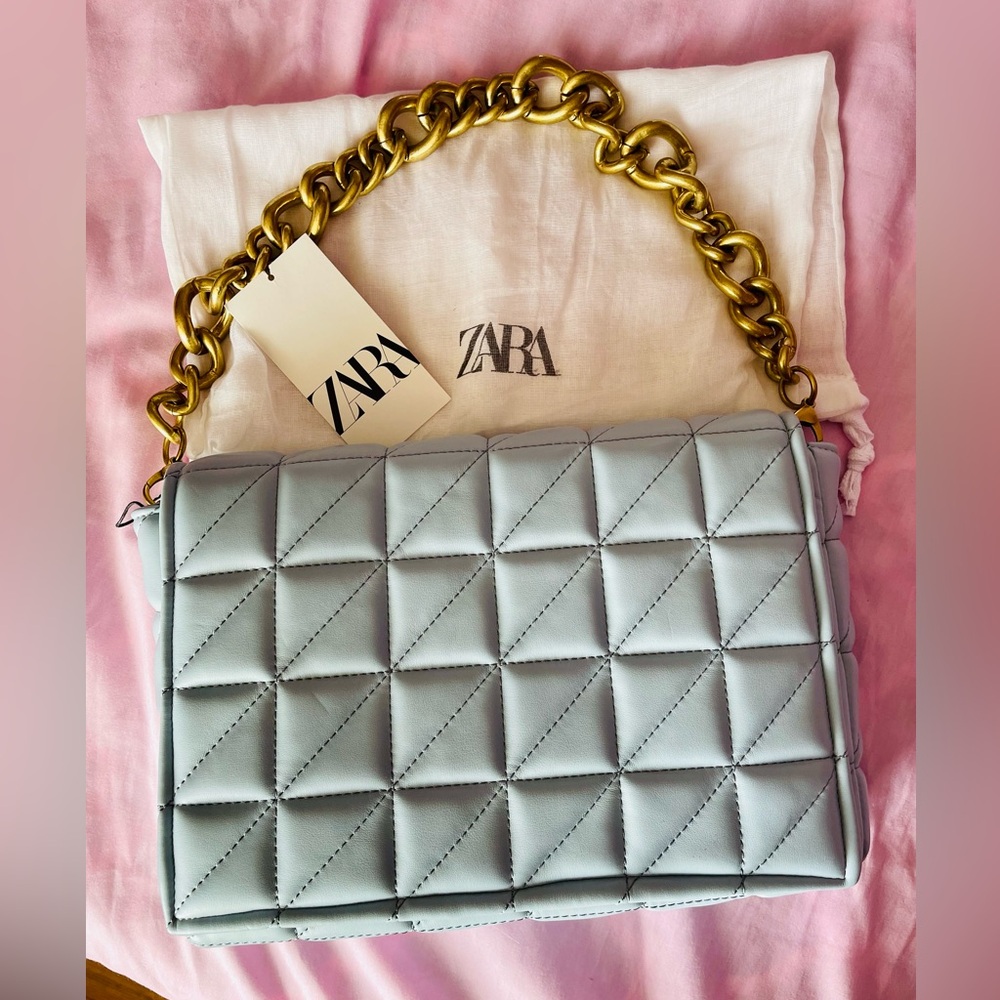 Zara Quilted Shoulder Bag with Removable Chain Baby Blue
